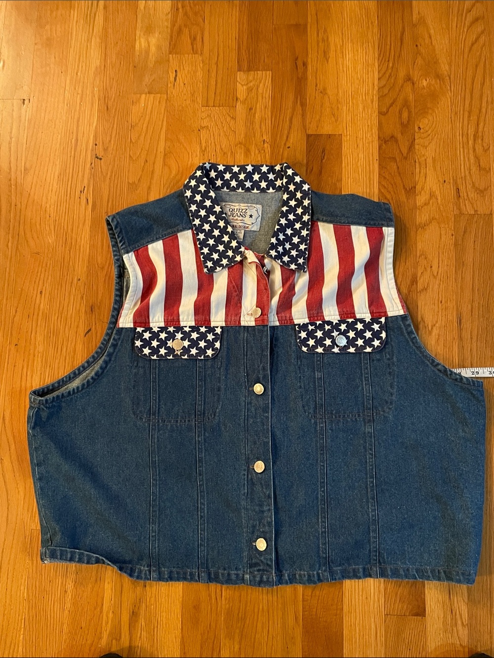 Women's Sleeveless Denim Vest with American Flag Print - Blue/Red/White - Picture 4 of 4